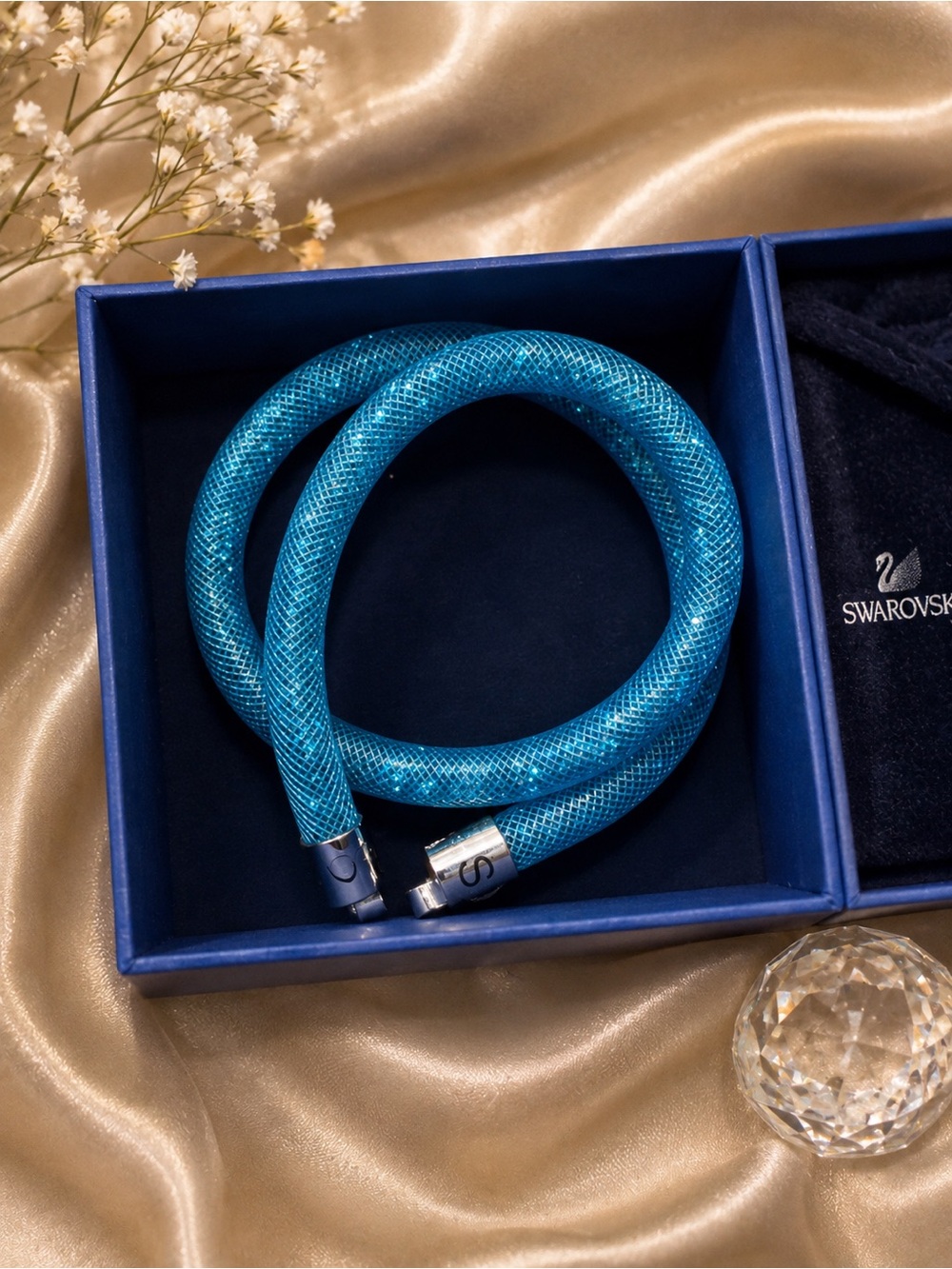 NWT Swarovski Women’s Teal Crystal Mesh Wrap Bracelet
